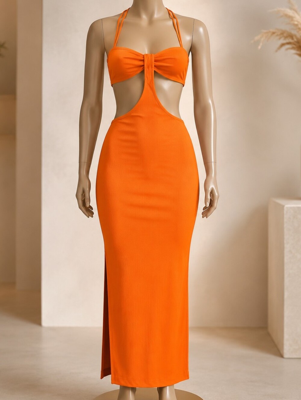Women Almost Famous Orange Cutout Ribbed Bodycon Maxi Dress Size Medium
